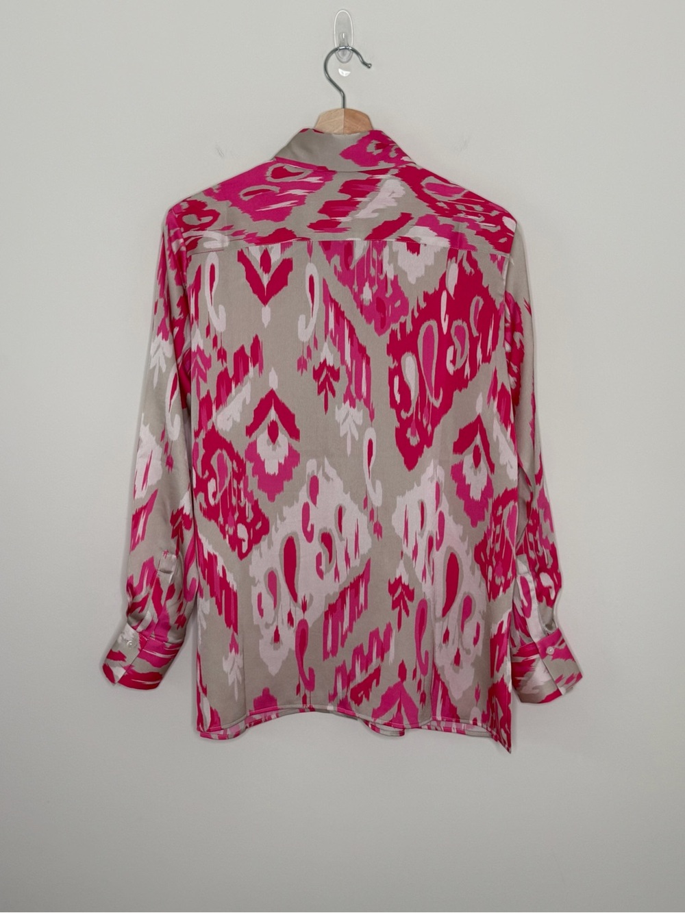 Vilagallo Rosa Fresa Ikat Print Tunic Button Down Shirt Pink Tan Size Large - Picture 7 of 11